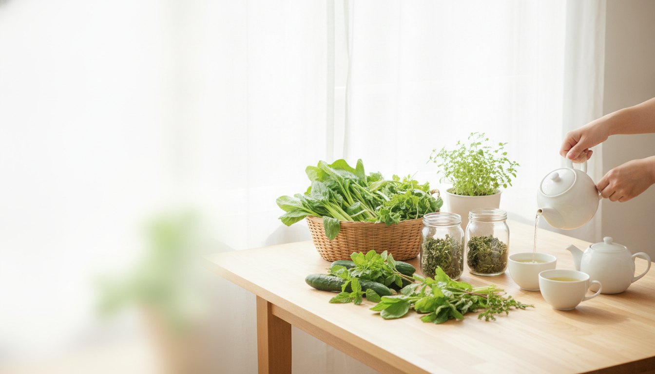 朝の光が入るテーブルに、お茶、干したハーブの瓶、あずき、大根やかぶが並び、手が急須からお茶を注ぐ様子