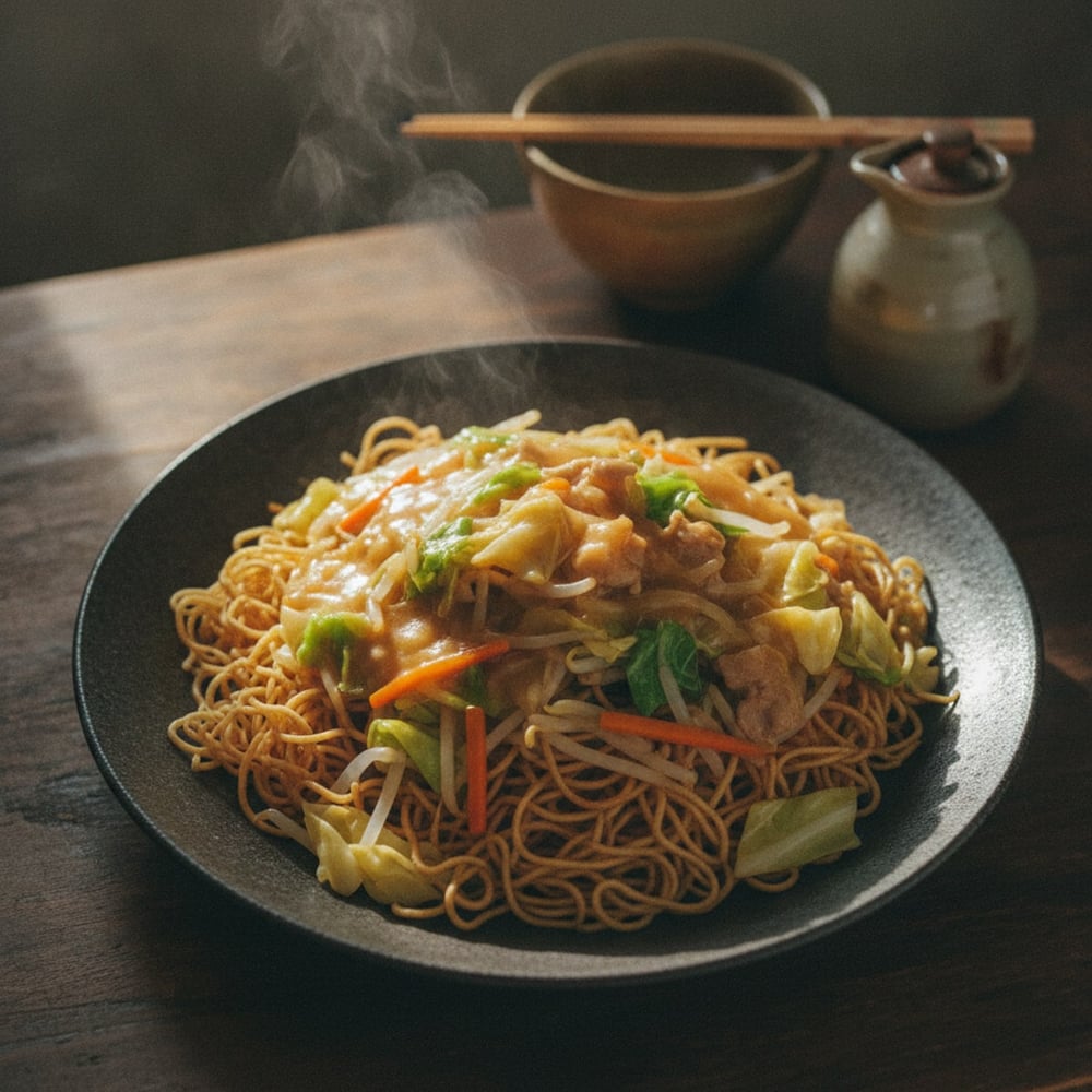 揚げてパリッとした皿うどんの麺。あんかけスープをかけていただきます。