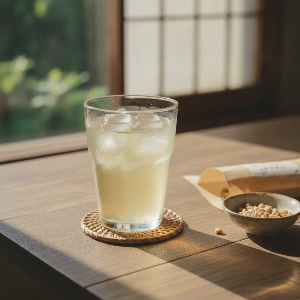 国産低焙煎麦茶「むぎちゃん」を淹れたグラス。