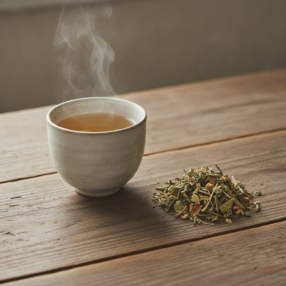 10種類の薬草茶をブレンドした十宝草。ほうじ茶の香ばしさが土台にあります。
