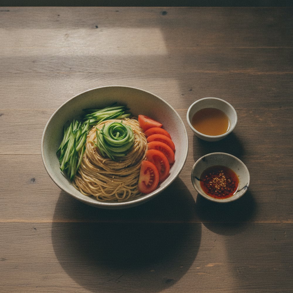 自然伝麺「醤油冷麺」。きゅうりやトマトを添えた盛り付け例。