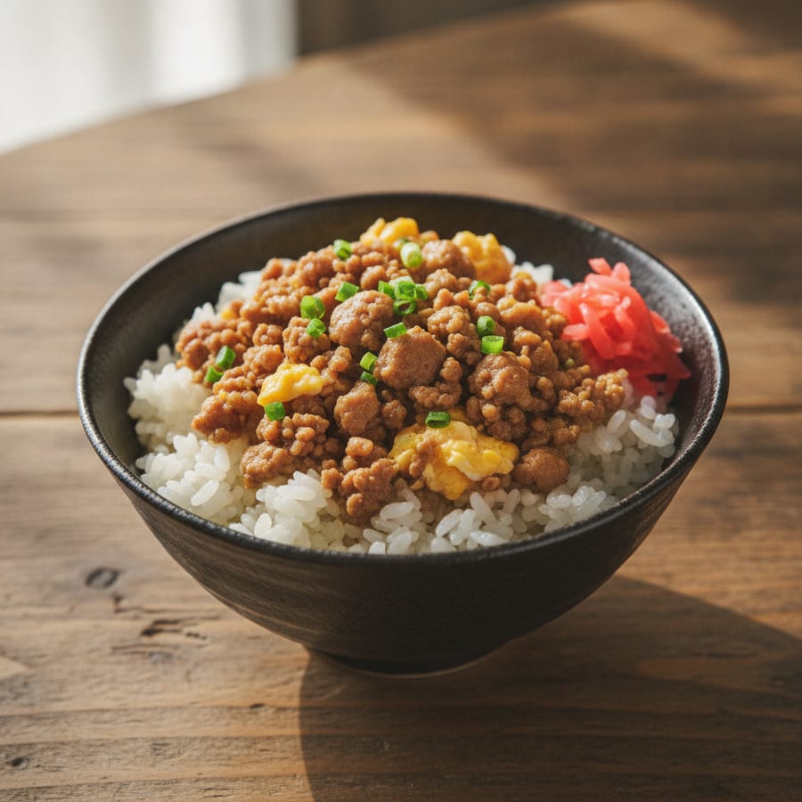 元気な豚特選赤身挽き肉で、10分の豚そぼろ丼