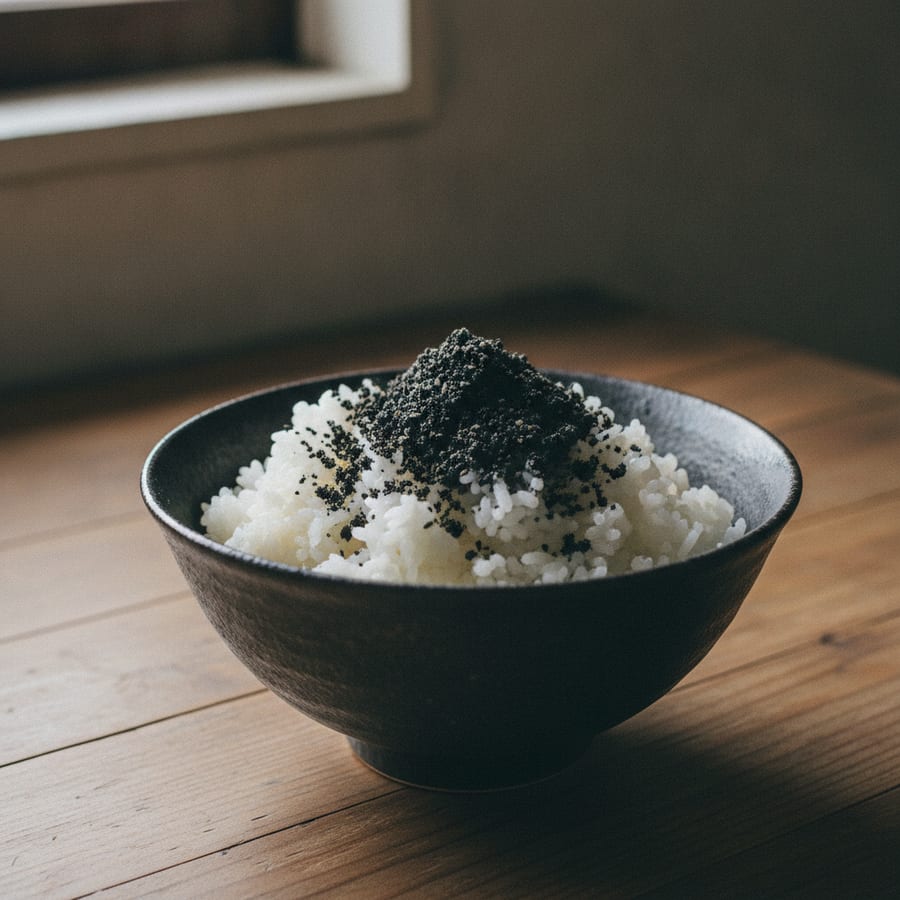 和田萬有機しっとりすりごま(黒)で、3分のすりごまご飯