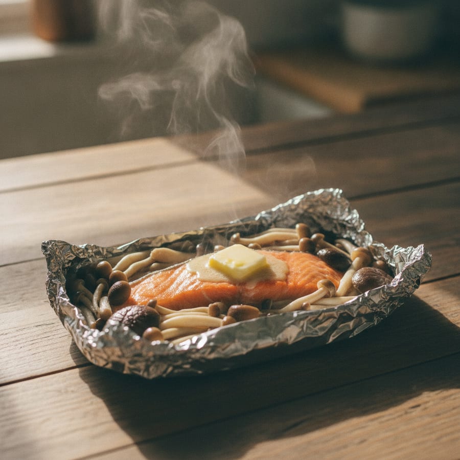紅鮭(甘口)で、10分の鮭ときのこのホイル焼き