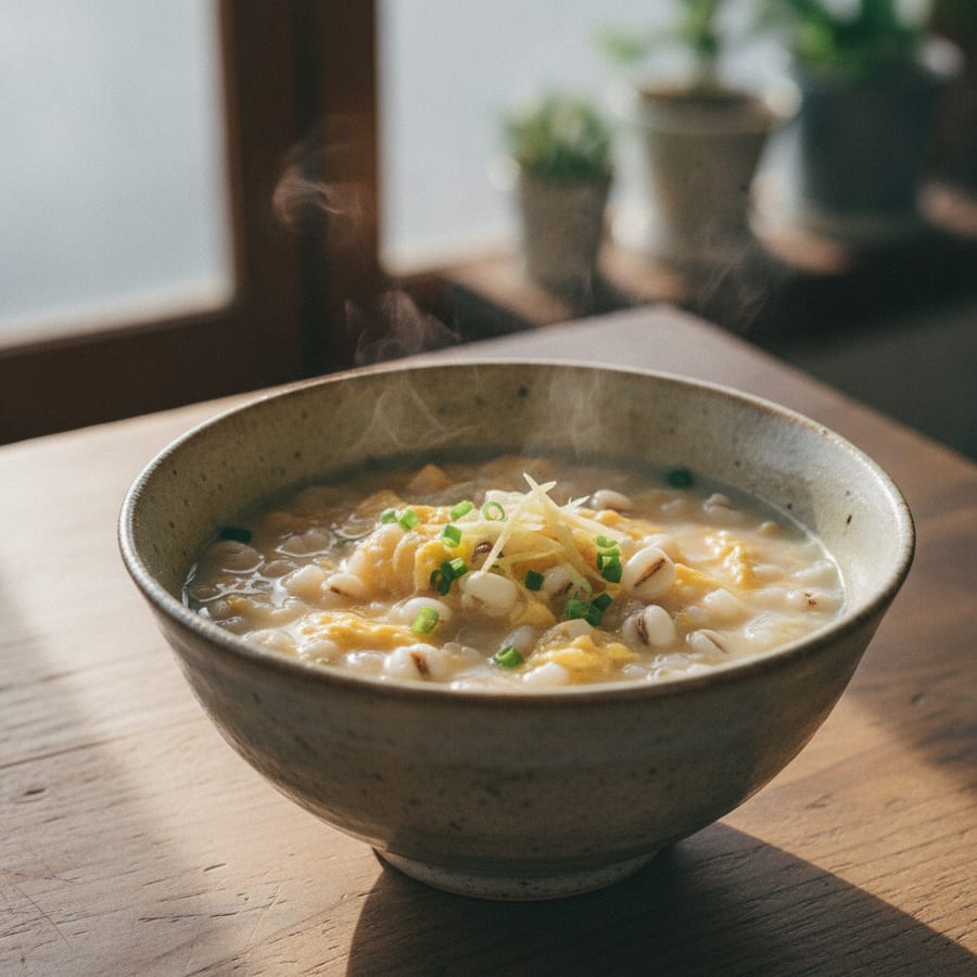 はとむぎほうじ粒で、10分のはとむぎ雑炊