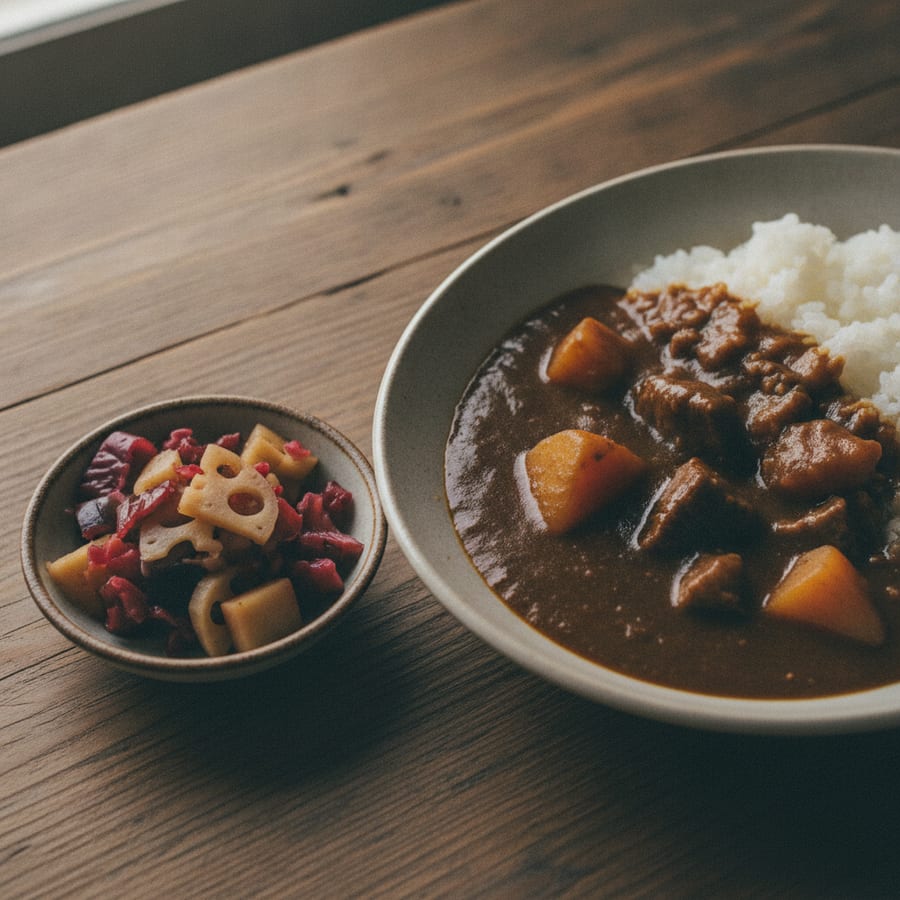 福神漬で、3分のカレーの添え物