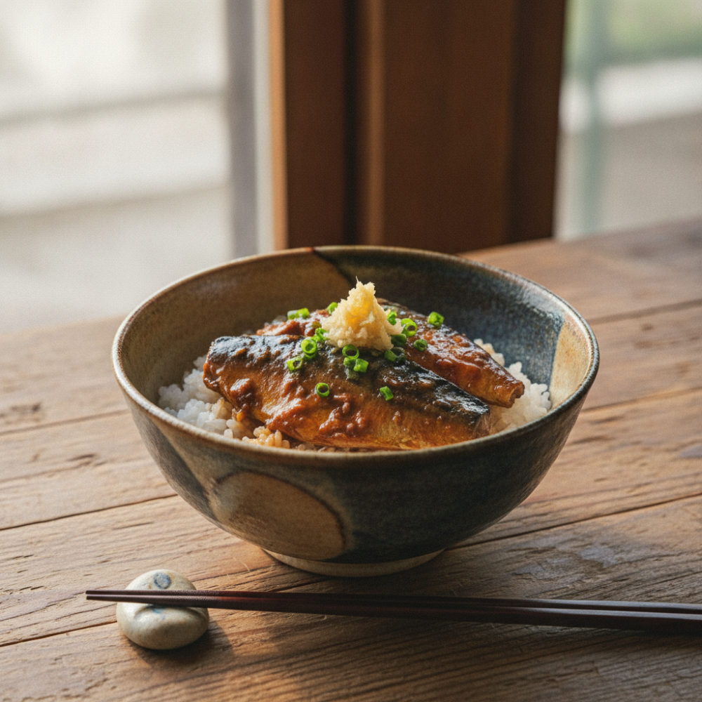 さば缶で、5分の味噌煮風丼