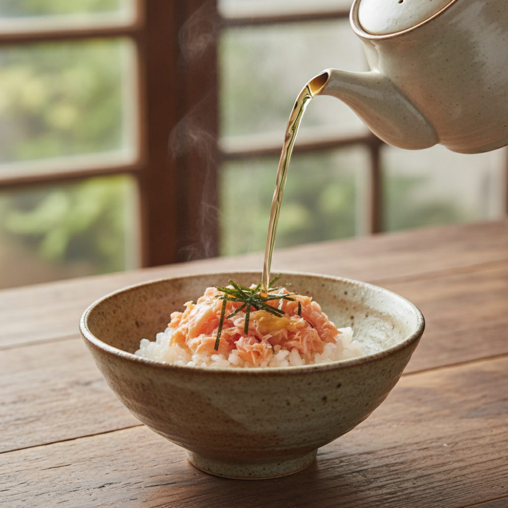 鮭フレークで、3分の鮭茶漬け