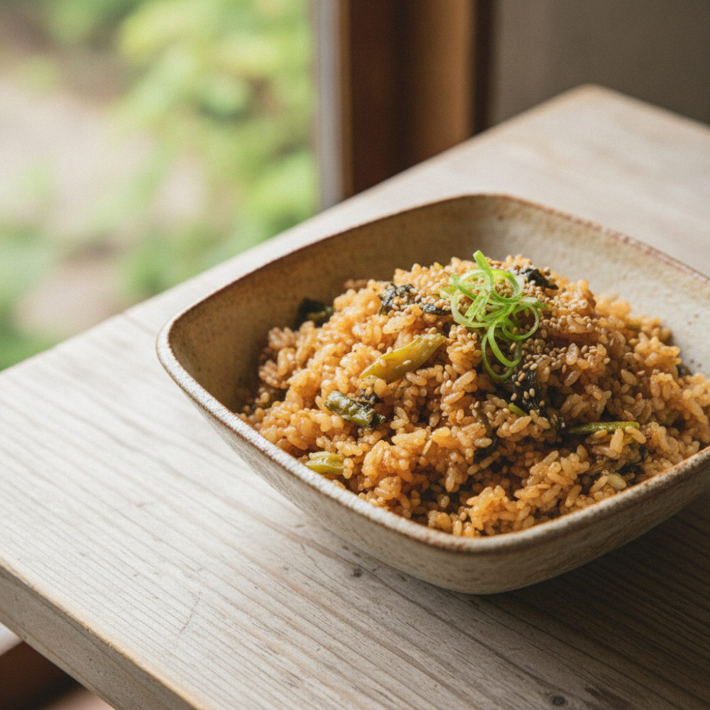 高菜漬けで、3分の高菜チャーハン風混ぜご飯