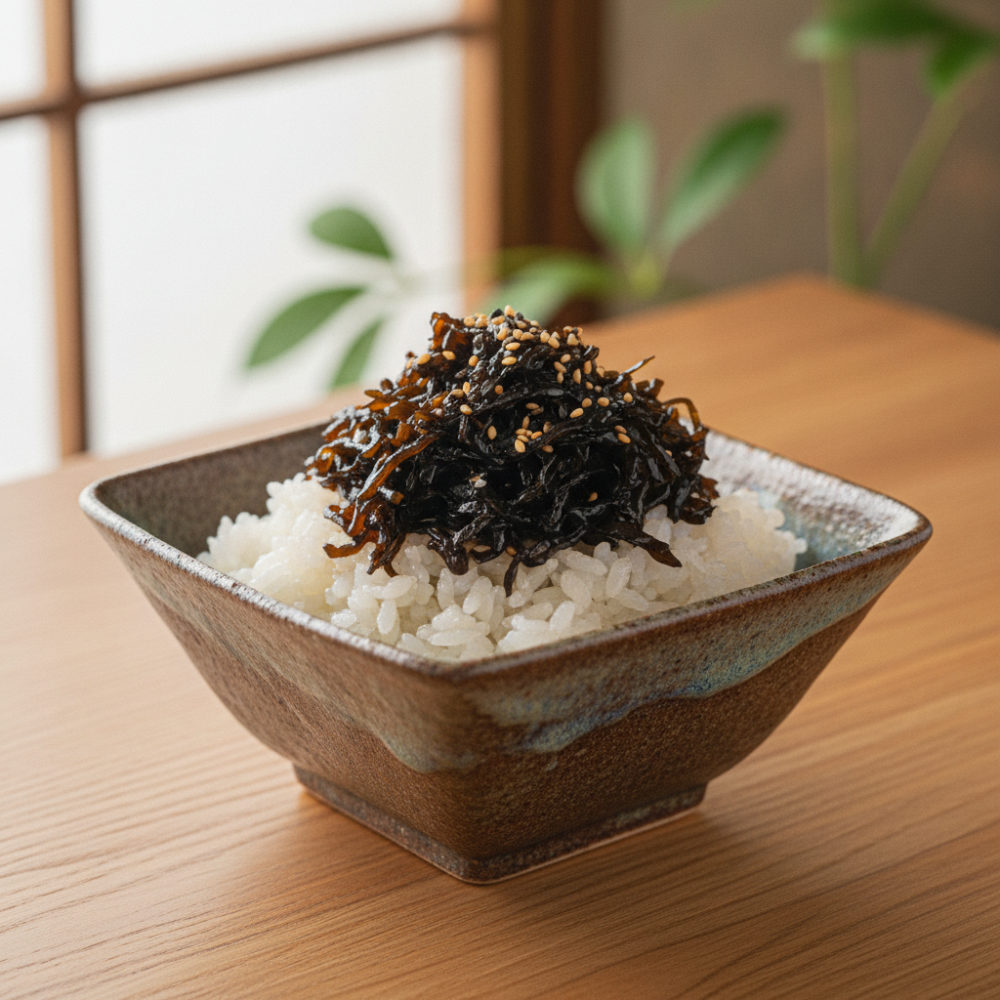 昆布の佃煮で、3分の昆布ご飯