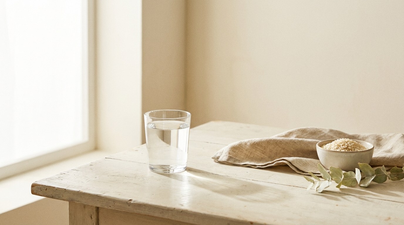 朝の食卓に置かれたコップ一杯の水