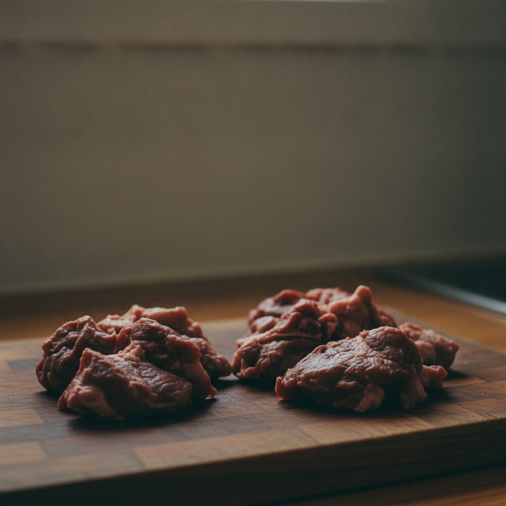 生の牛すじ肉をまな板に置いた様子
