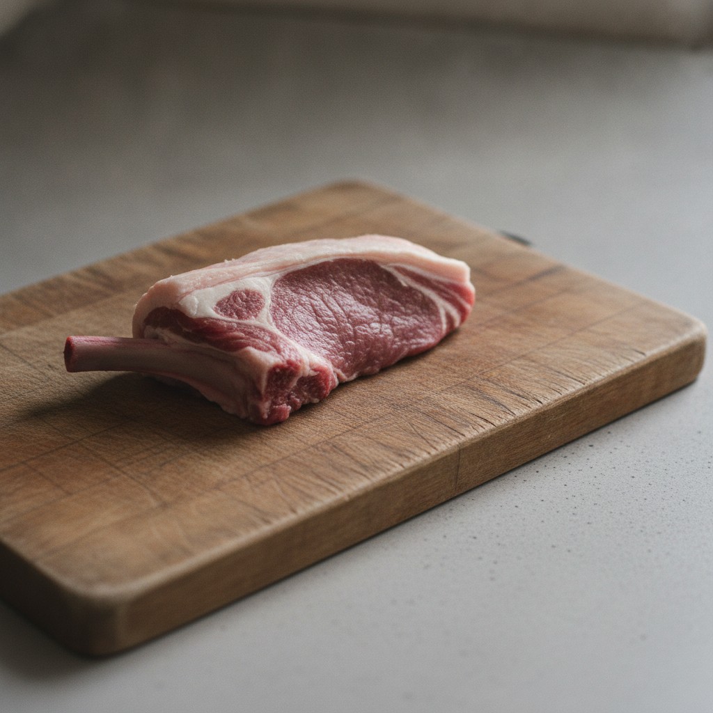 生のラム肉をまな板に置いた様子