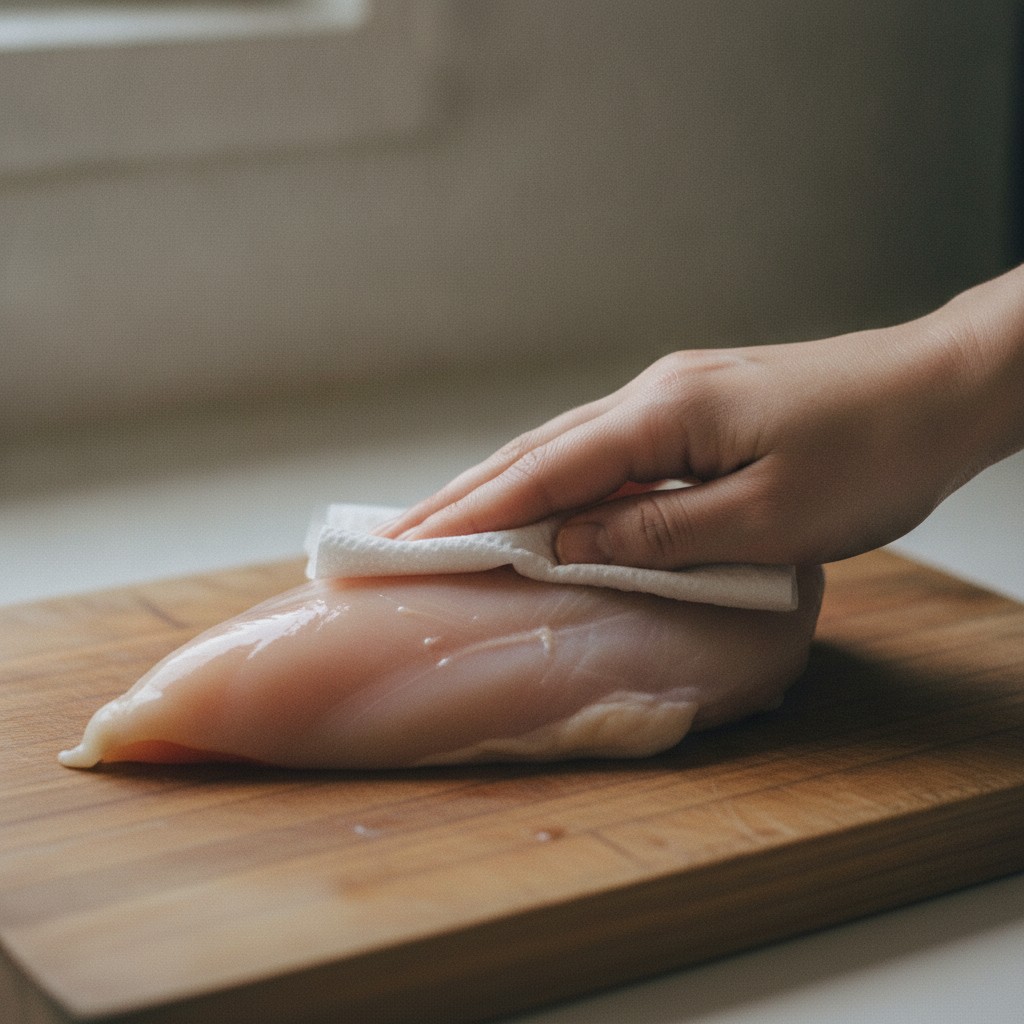 生の鶏むね肉の水分をキッチンペーパーで拭き取る様子