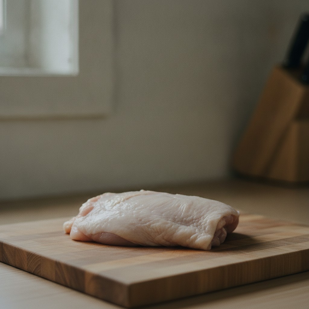 皮目を上にした鶏もも肉がまな板に置かれている様子