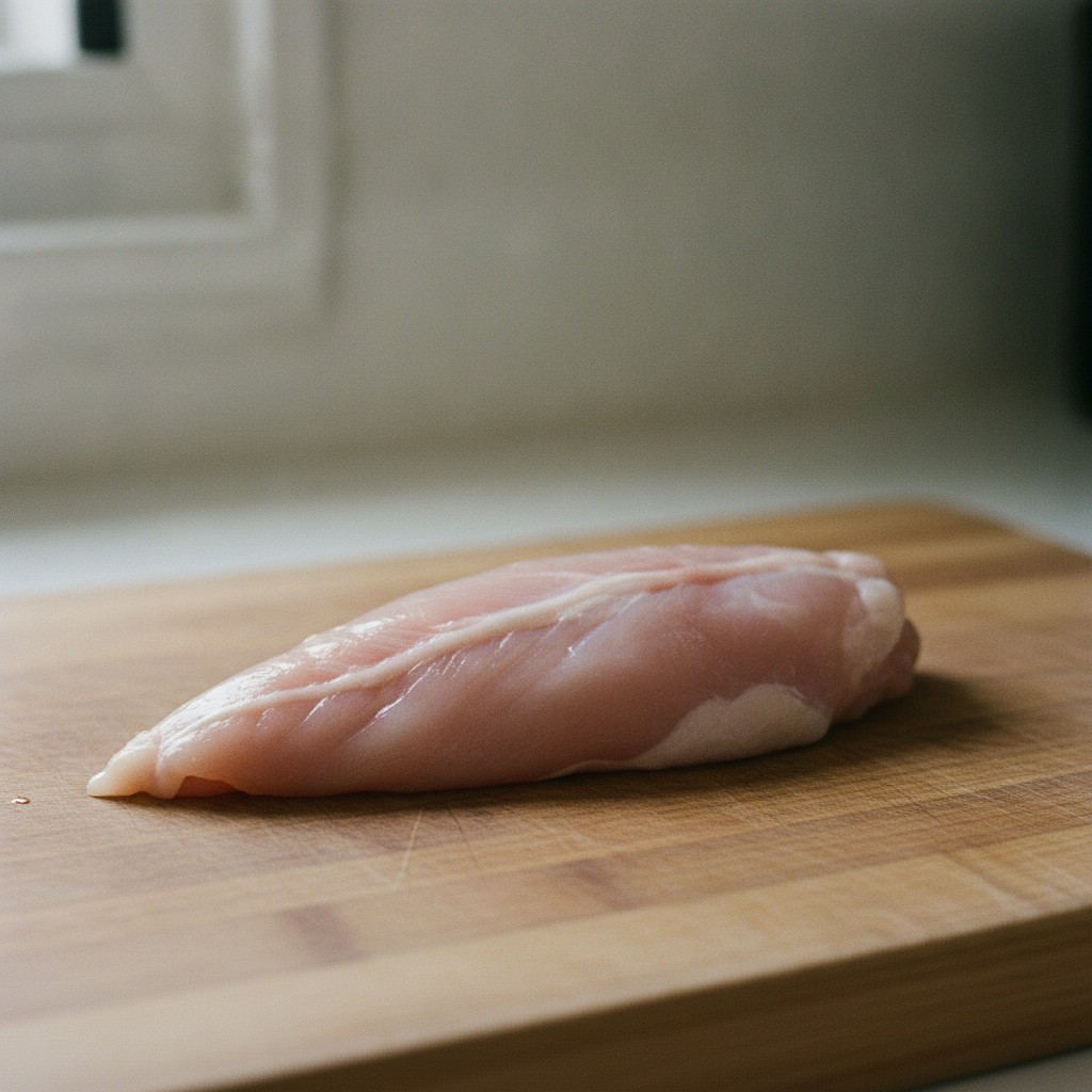 まな板に置かれた生の鶏ささみ、白い筋が見える角度