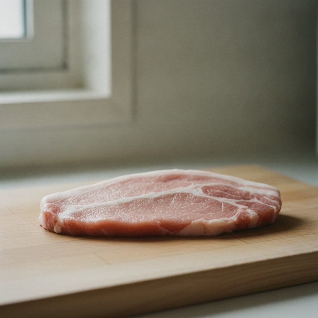 まな板に置かれた豚ロース肉、赤身と脂身の境目が見える