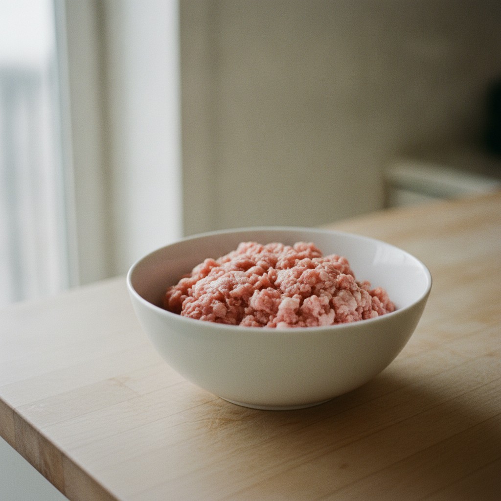 パックから出したひき肉がボウルに入っている様子