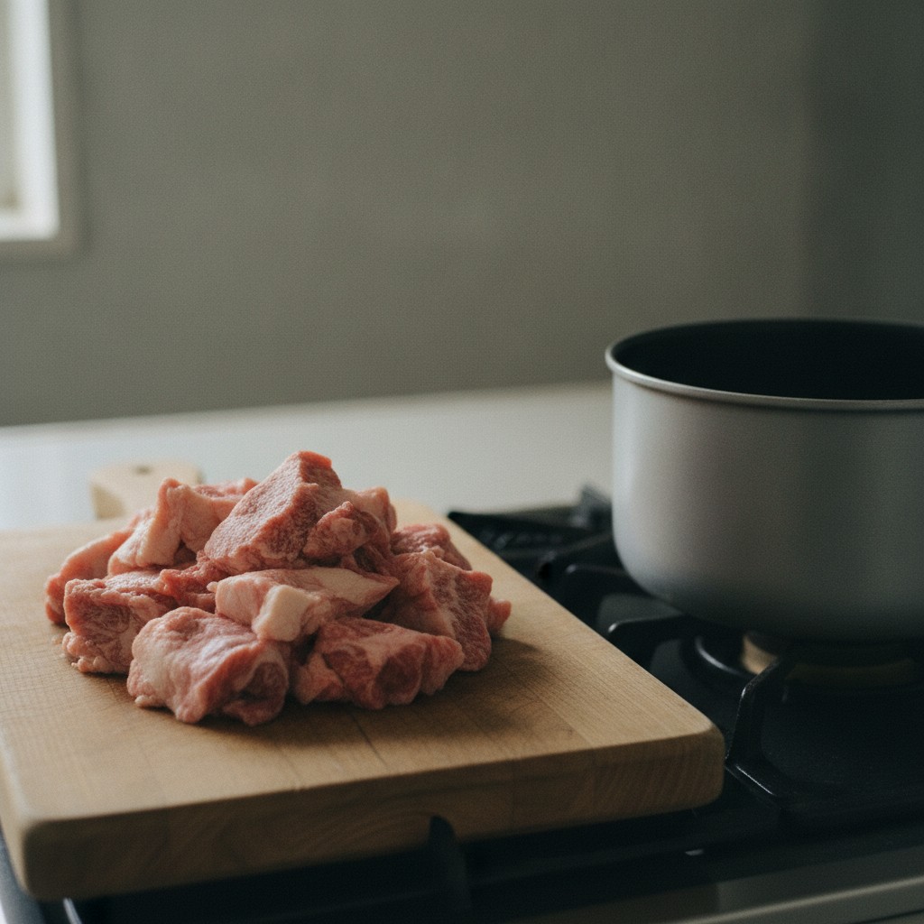 生の牛すじ肉が鍋のそばのまな板に置かれている様子