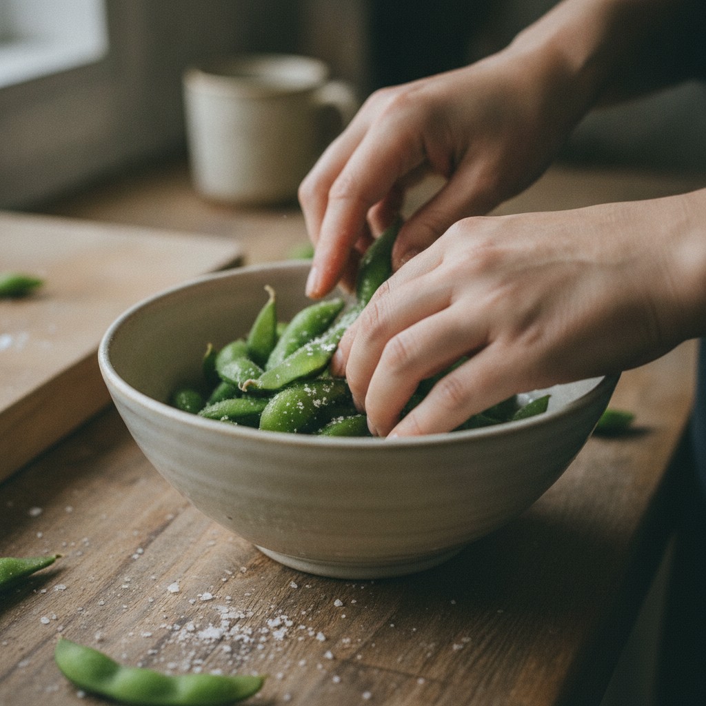 枝豆のさやに塩をもみ込んでいる様子