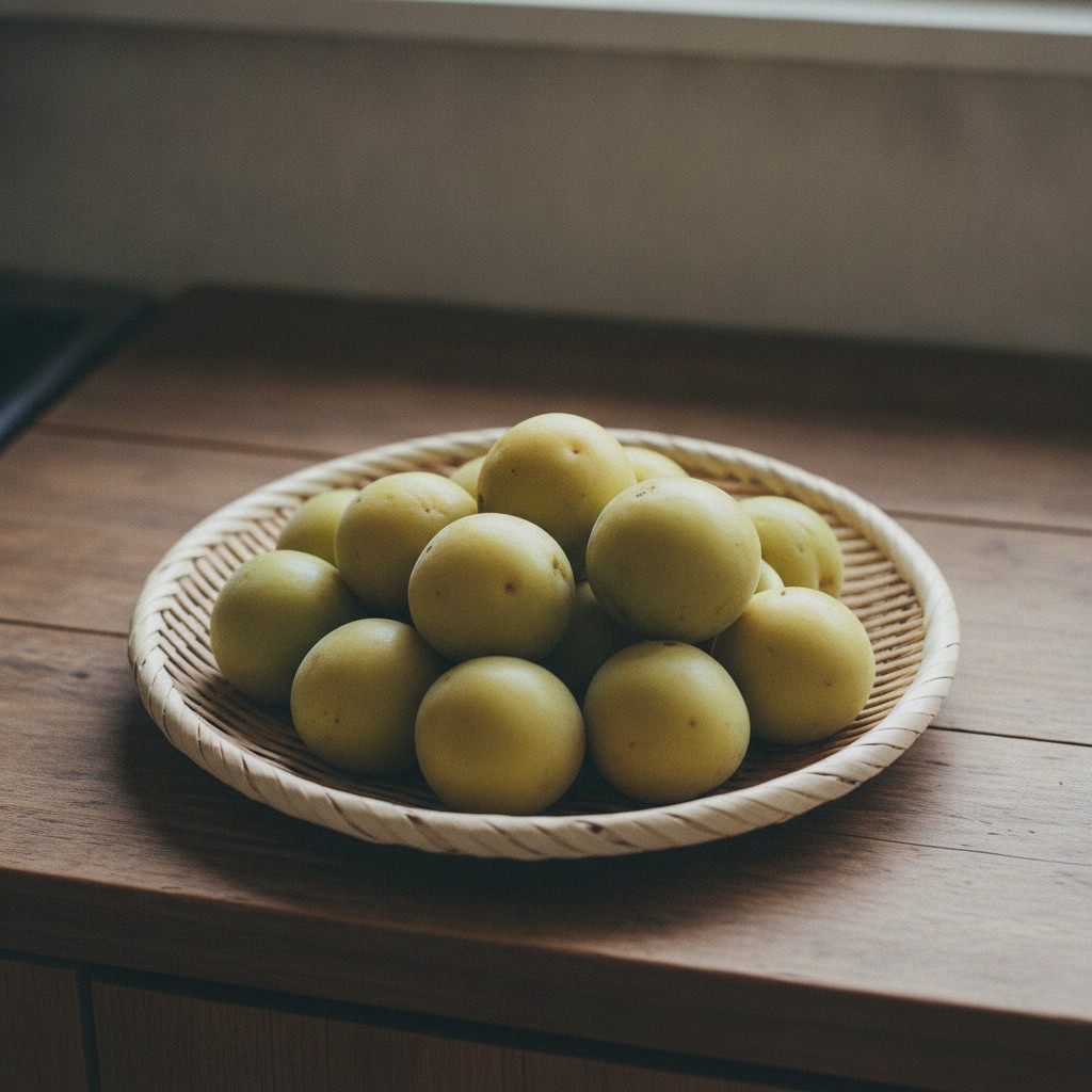 冷凍庫から出した梅の実をざるに入れている様子