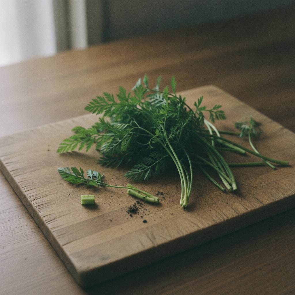 硬い茎を取り除かれた柔らかいにんじんの葉