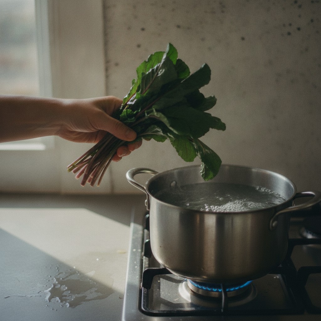 赤からし菜を沸騰した湯でさっと茹でる様子