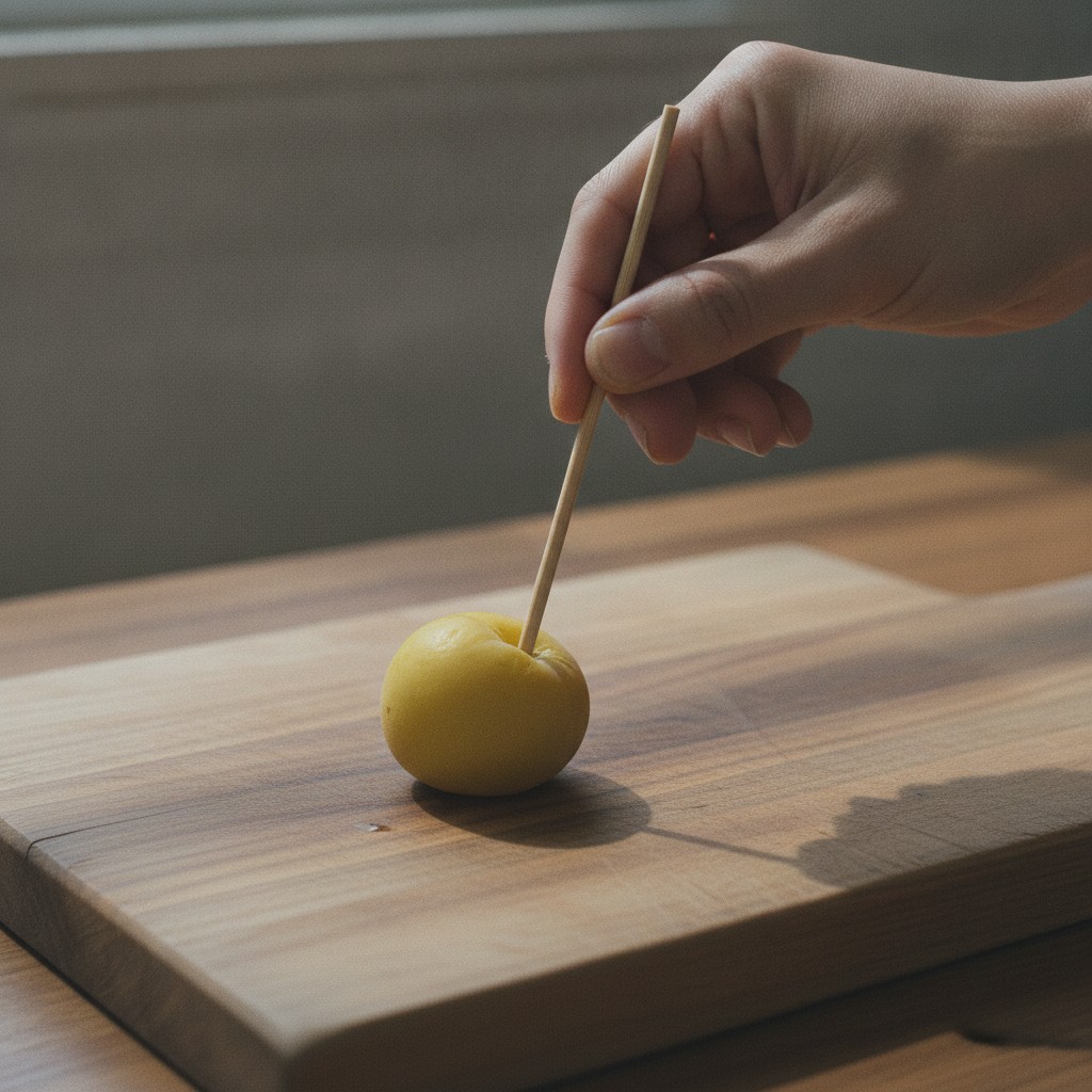 梅に竹串で穴をあける様子