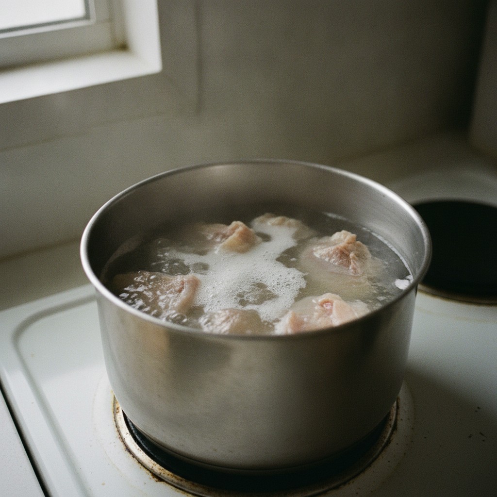 牛すじ肉を鍋で下茹でしている様子