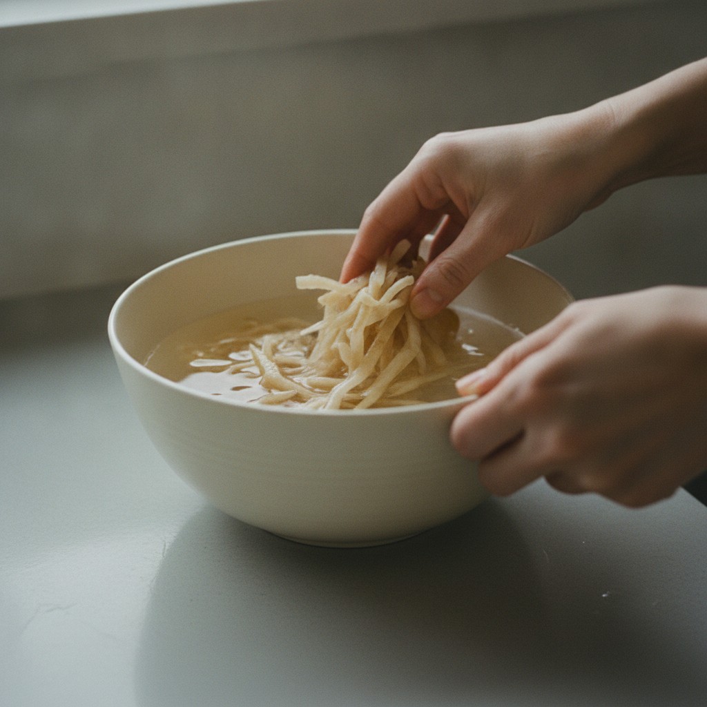 切り干し大根を水で洗う様子