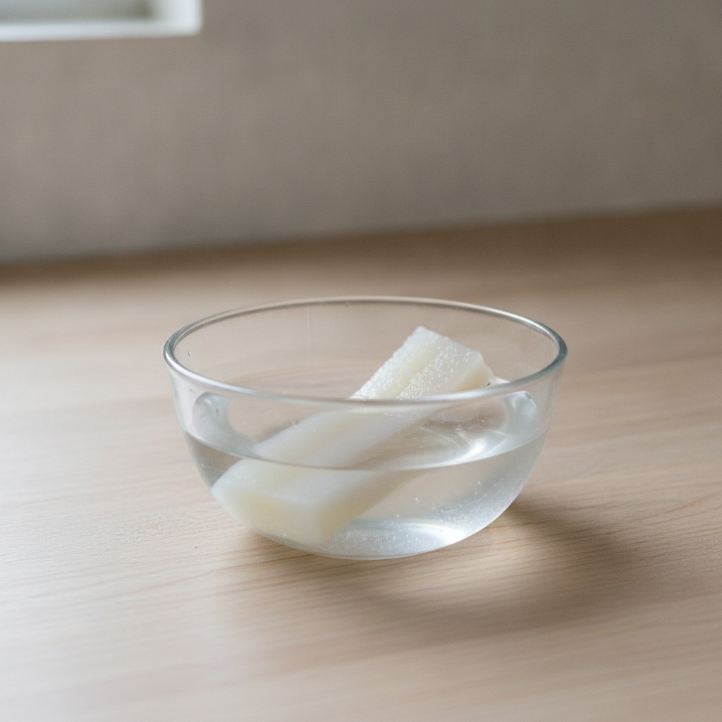 棒寒天を水に浸けて戻す様子