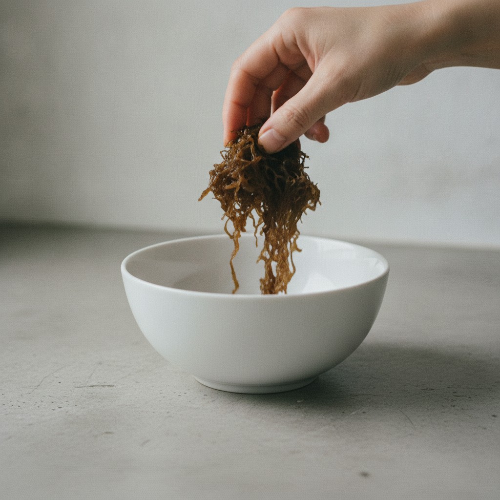 とろろ昆布を指でほぐす様子