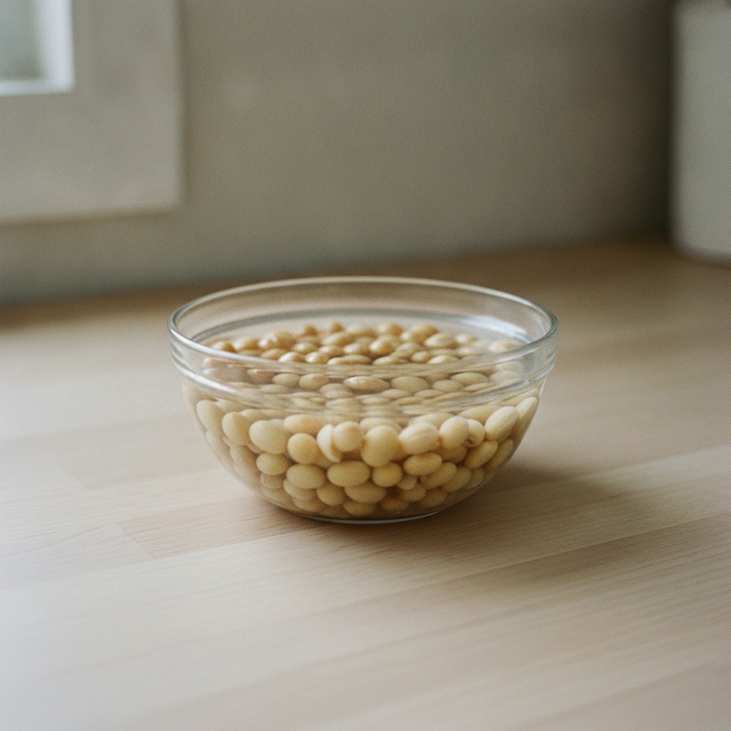 大豆を水に浸けて戻す様子