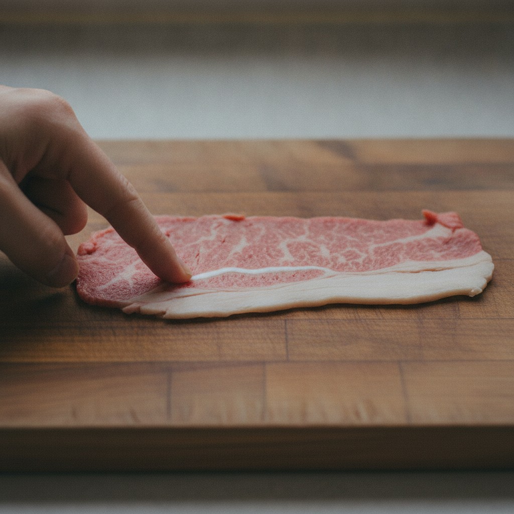 牛肉の筋の部分を指でなぞる様子