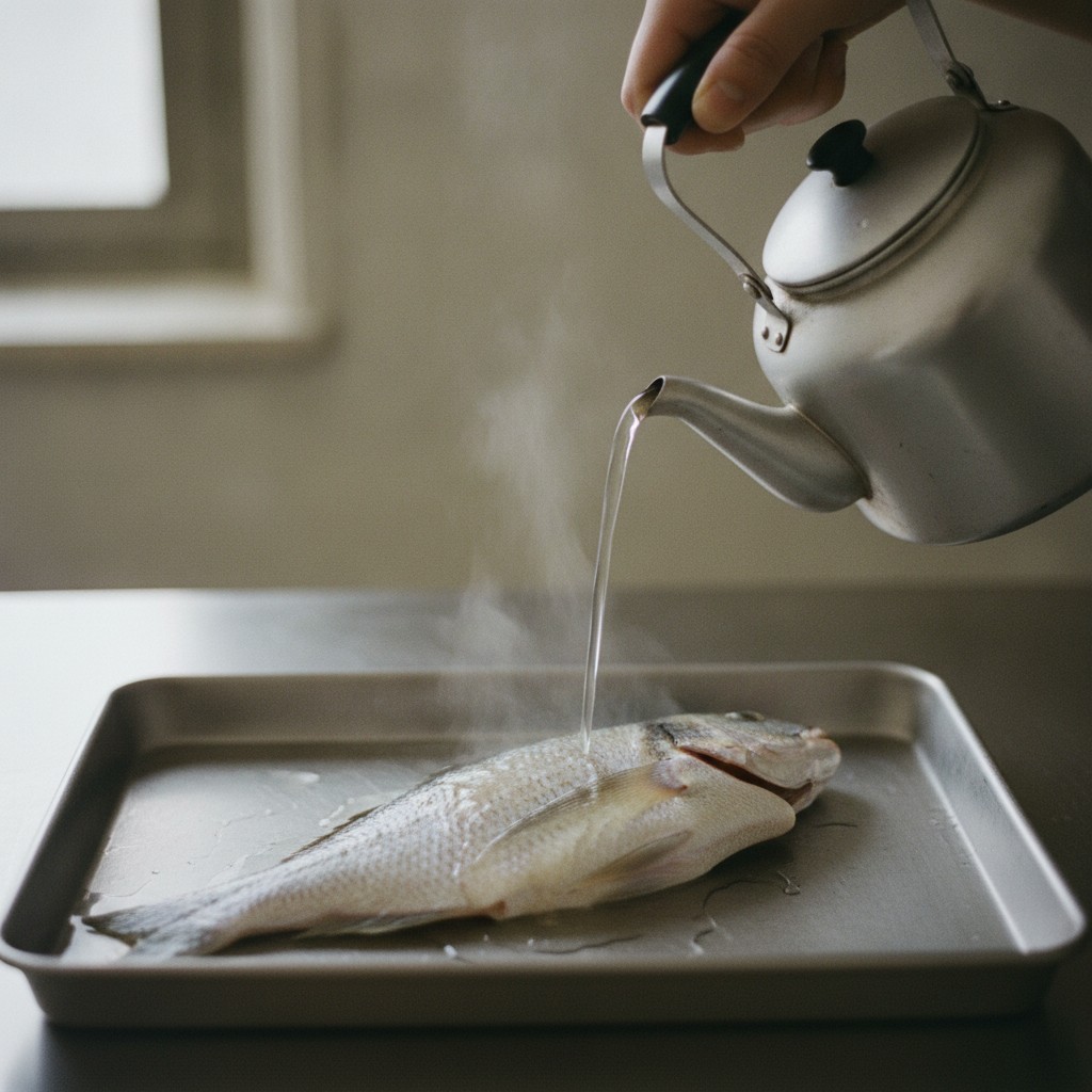 バットに並べたたいに熱湯をまわしかける様子