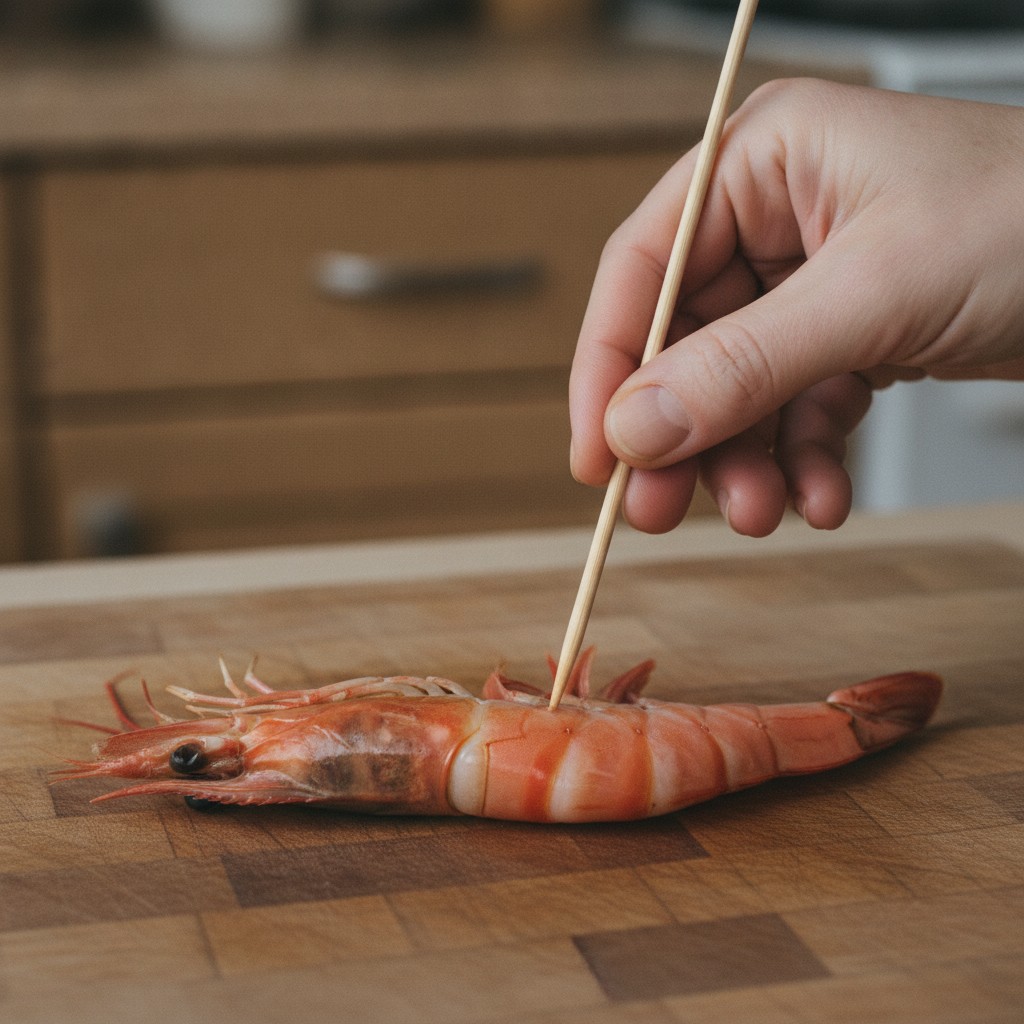 竹串をえびの殻の隙間に差し込む様子