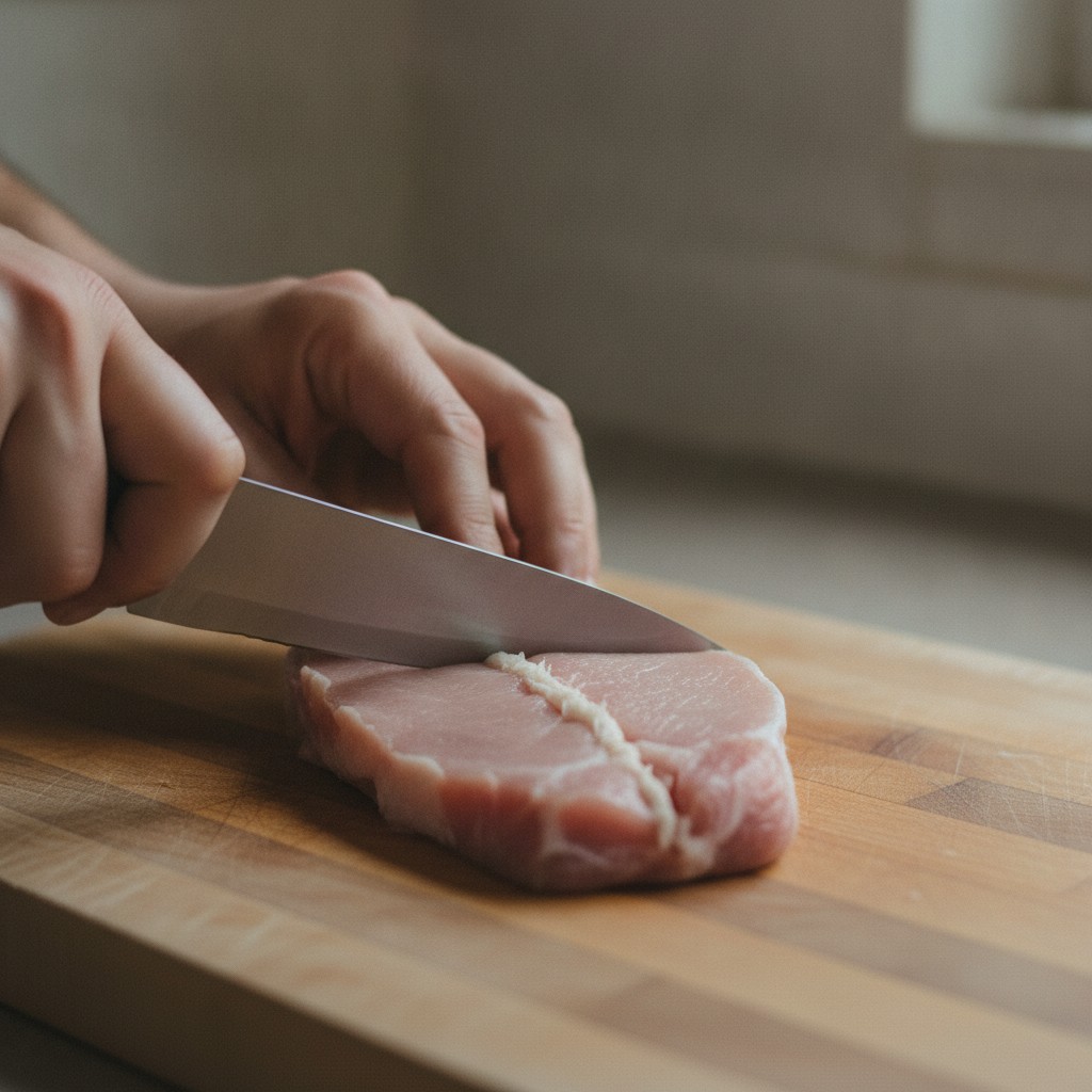 包丁の刃先で豚ロース肉の筋に切り込みを入れる様子