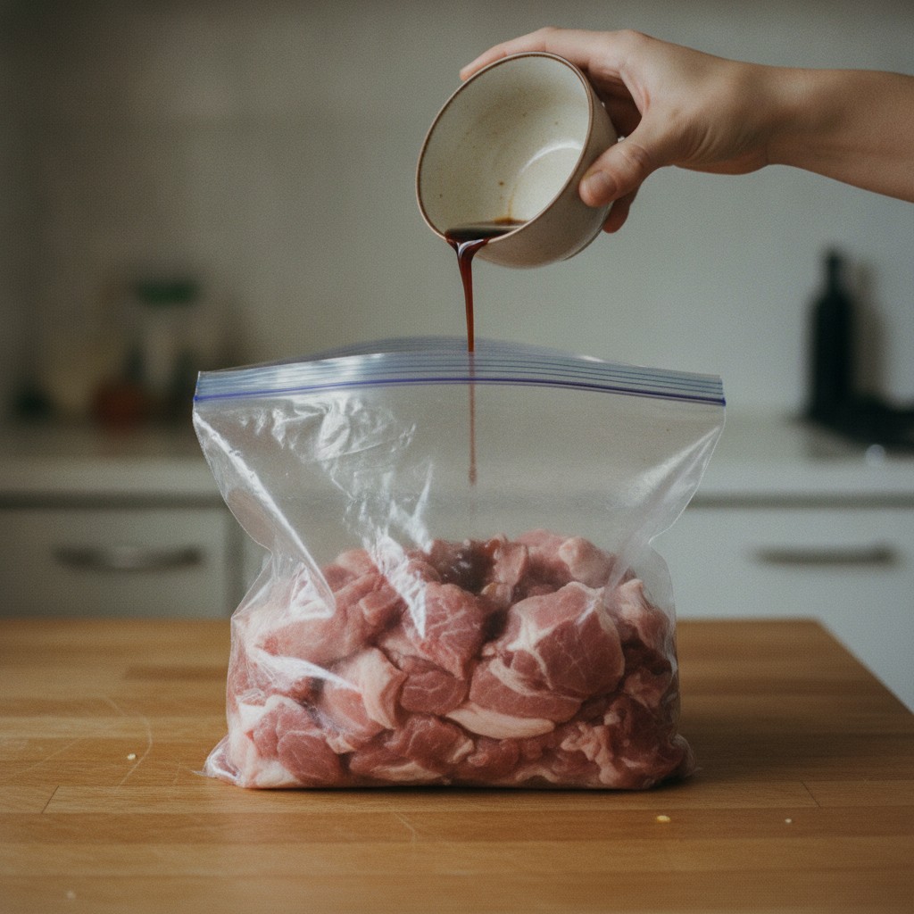 保存袋に入れた豚こま肉に調味料をかける様子
