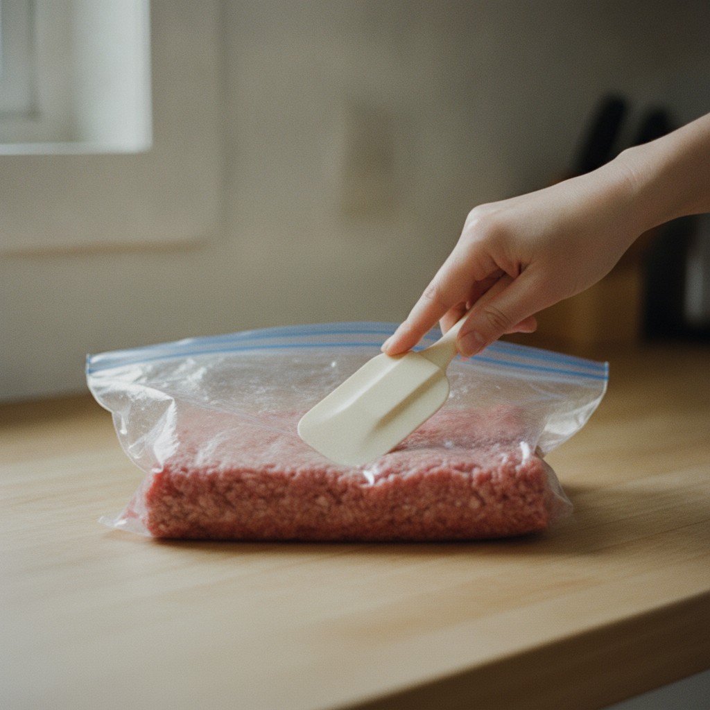 保存袋に入れたひき肉をヘラで平らにならす様子
