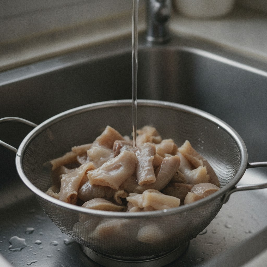 ざるに上げた牛すじ肉を流水で洗う様子