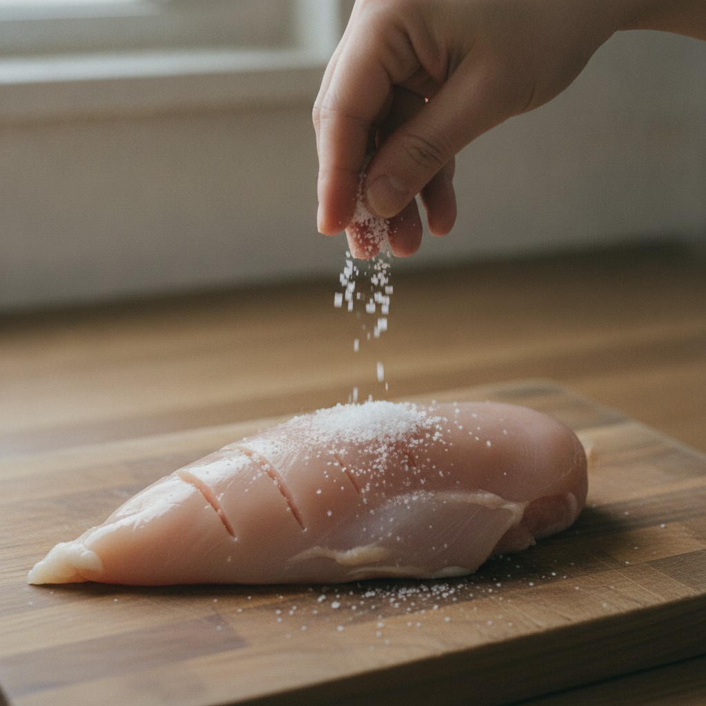 鶏むね肉に切り込みを入れて塩をふる様子
