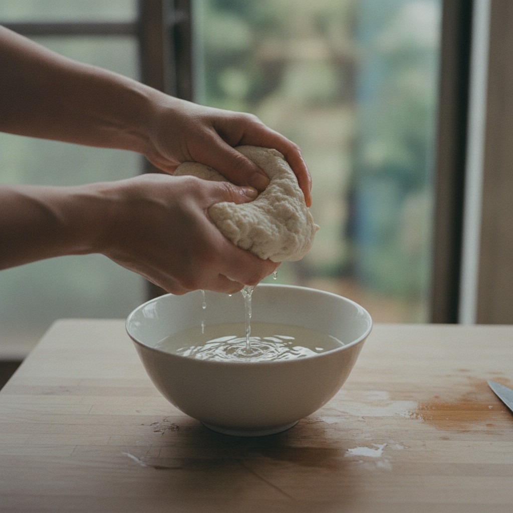 両手で丁寧に水気を絞られている高野豆腐