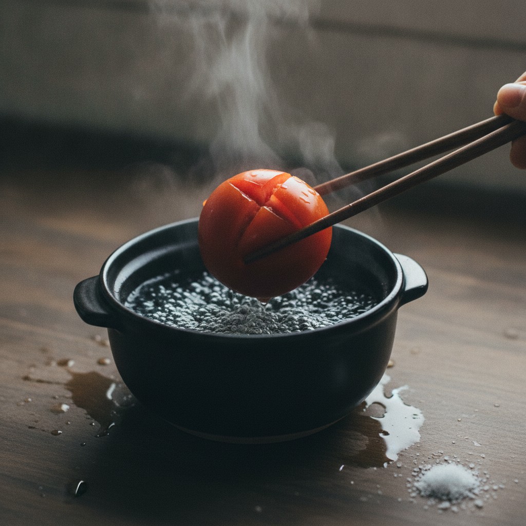 熱湯にくぐらせるトマト