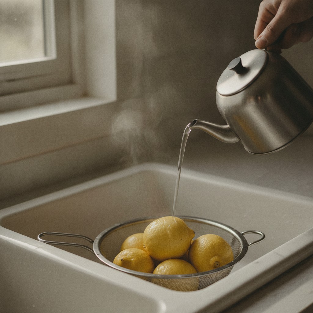 レモンに熱湯をまわしかける様子