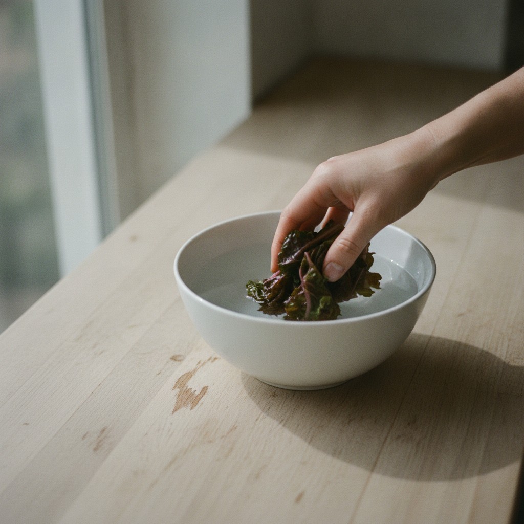 茹でた赤からし菜を冷水にとって色止めする様子