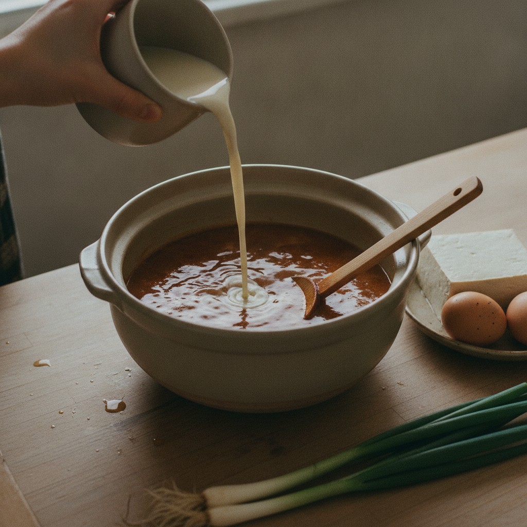 弱火にしただしに豆乳を少しずつ加えている様子
