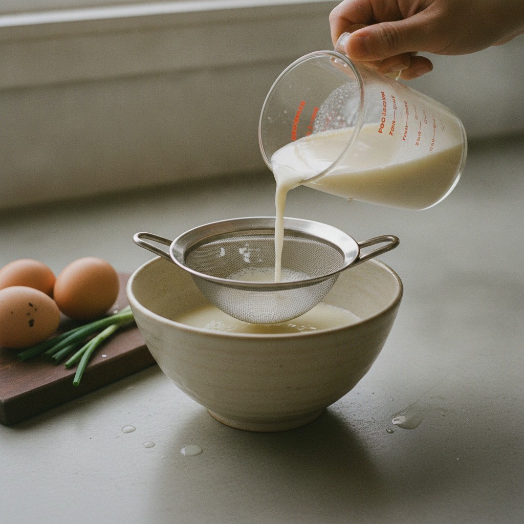 ボウルで卵液を茶漉しで漉している様子