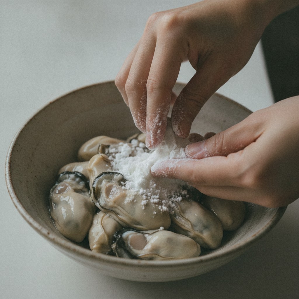 片栗粉をまぶしてもみ洗いする牡蠣
