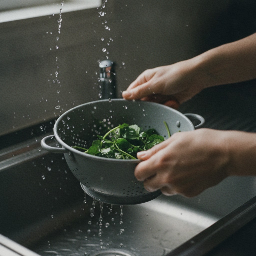 水気を振り切るクレソン