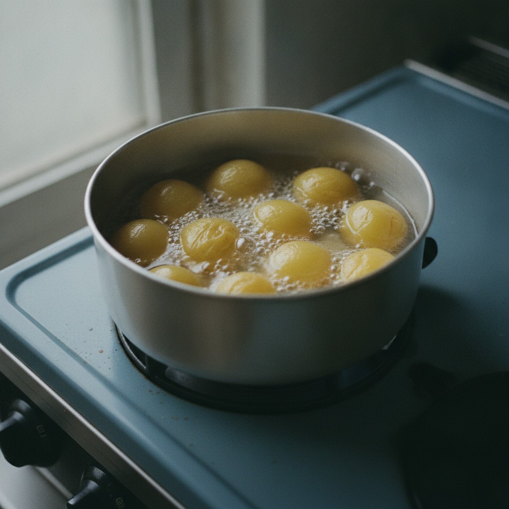 梅を弱火でゆっくり甘く煮る様子
